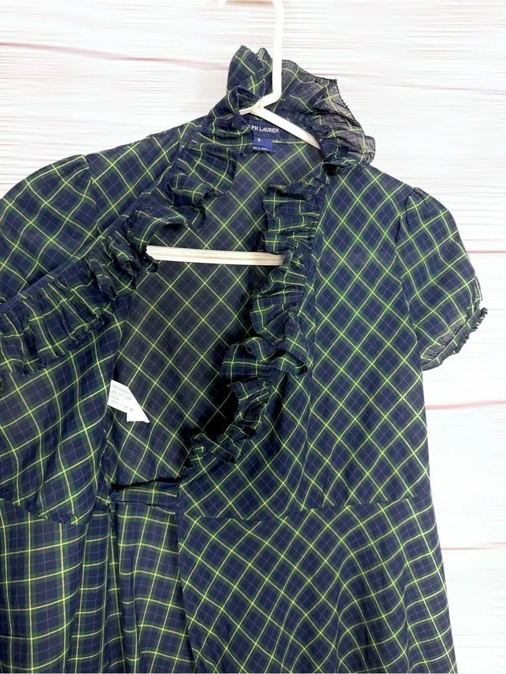 Ralph Lauren Blue Label Plaid Ruffled Cotton Wrap Dress Green Blue Girls size 8